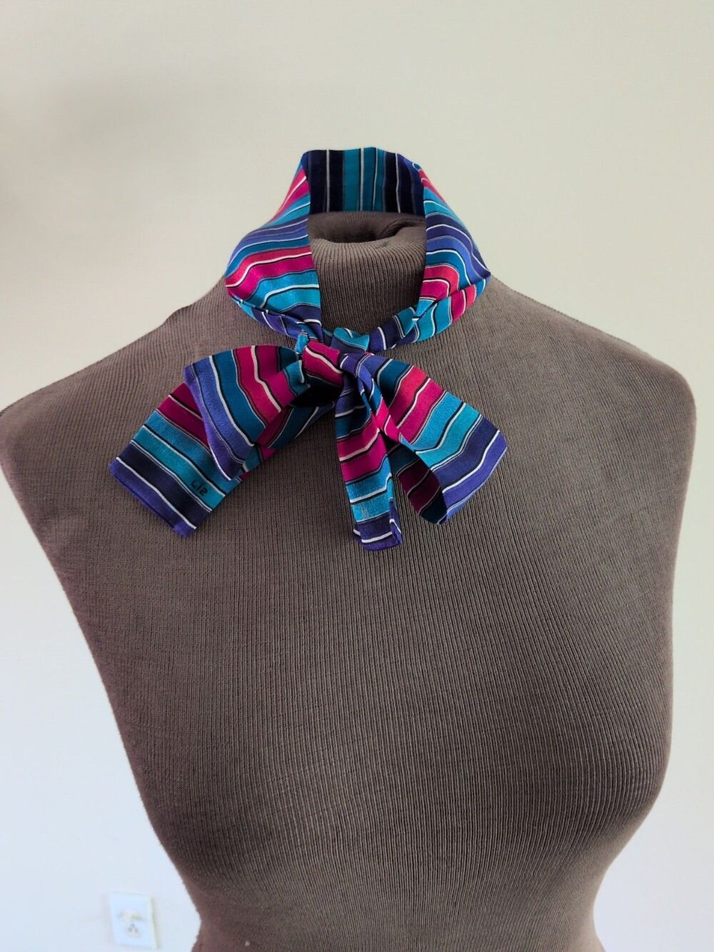 VTG Liz Claiborne Silk Scarf Neck Head Hair Purse Stripes Blue Purple Red 41"